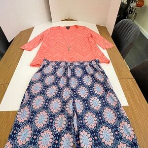 Studio Coral Top and Navy Patterned Pants Set, petite large